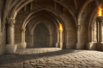 Obraz premium Long Medieval Castle Corridor With Torches. Fantasy Background. Interior Of Ancient Palace With Stone Arch. Digital Art. Generative AI