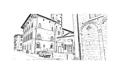 Building view with landmark of Pisa is a city in Italy. Hand drawn sketch illustration in vector.