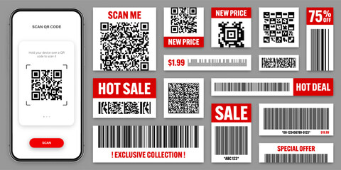 Product barcodes and QR codes. Smartphone application, scanner app. Sale stickers, discount label or promotional badge. Serial number, product ID. Store, supermarket scan labels. Vector illustration