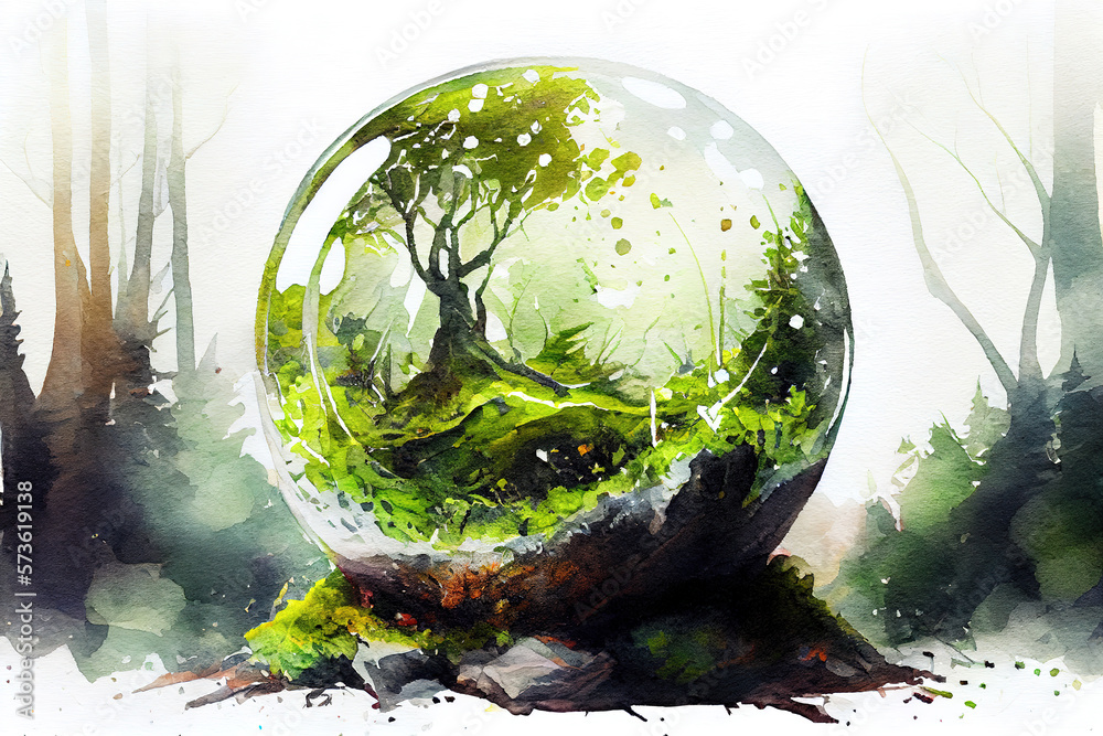 Wall mural Photo crystal globe glass resting on stone with green leaf and sunshine in nature. Generative Ai