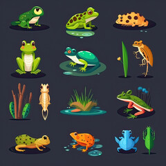 Obraz premium flat icons set cartoon frog vector illustrations , generative artificial intelligence