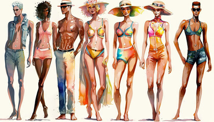 Summer bikini fashion models sketch, watercolor swimwear men and women Generative AI illustration © stock_santa
