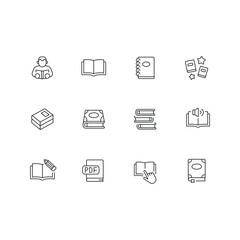 Books related vector linear icons set. Contains icons such as fairy tales, notebook, pencil, reader, audiobook. Editable stroke