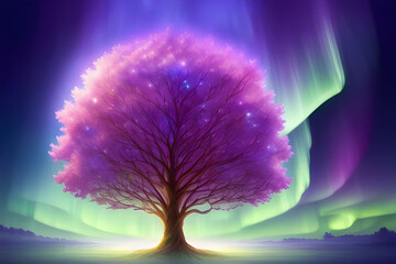 AI Digital Illustration Mystical Aurora Glowing Tree