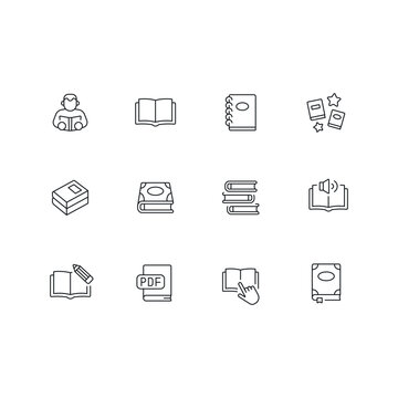 Books related vector linear icons set. Contains icons such as fairy tales, notebook, pencil, reader, audiobook. Editable stroke