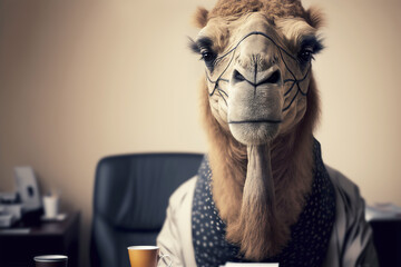 Camel in a business suit in the office. Psychological type of office employee or boss concept. Generative AI illustration