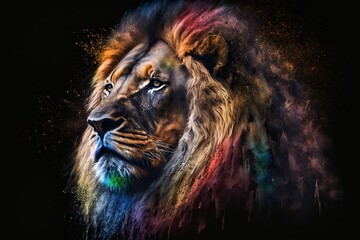 Naklejka premium Portrait face of an Lion with colors paints in face, isolated on black, generative AI