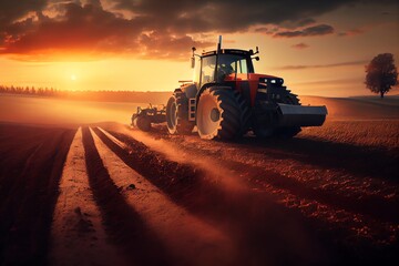 Obraz premium Tractor Drives Across Large Field Making Special Beds For Sowing Seeds Into Purified Soil. Agricultural Vehicle Works At Sunset In Countryside. Generative AI