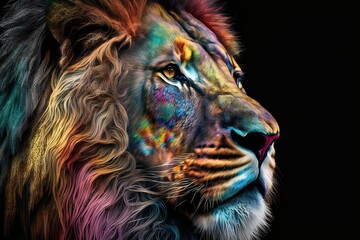 Portrait face of an Lion with colors paints in face, isolated on black, generative AI