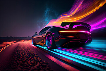 Plakat Speeding Sports Car On Neon Highway. Powerful acceleration of a supercar on a night track