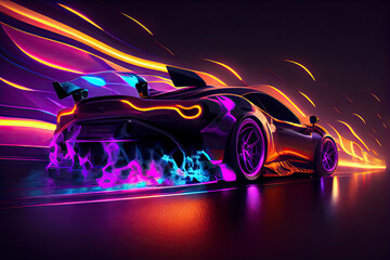 Obraz premium Speeding Sports Car On Neon Highway. Powerful acceleration of a supercar on a night track