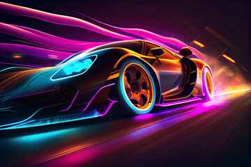 Naklejka premium Speeding Sports Car On Neon Highway. Powerful acceleration of a supercar on a night track