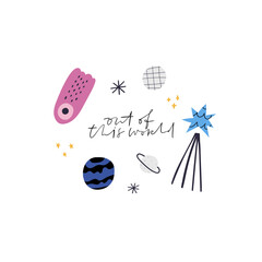 Out Of This World vector handwriting lettering quote. Cartoon outer space elements, textured planets, cosmos stars, comets on white background. Hand drawn galaxy clipart, fun kids t shirt print design
