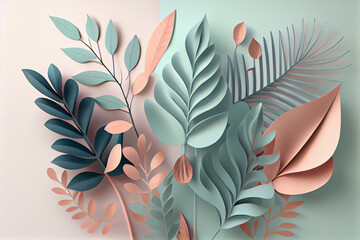 leaves on pastel background, natural composition of branches for advertising