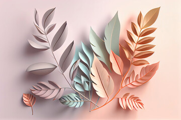 leaves on pastel background, natural composition of branches for advertising