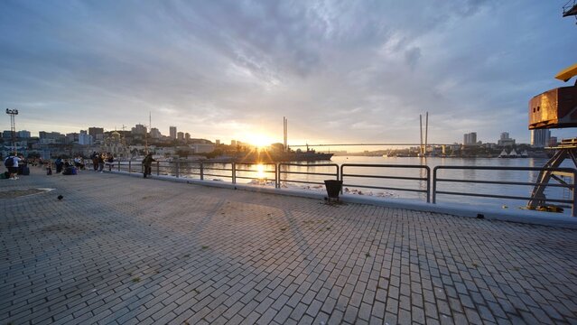 The panorama of downtown Vladivostok in the early morning.