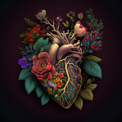 Human heart with flowers, heart and flower concept, realistically painted heart with floral design , generative AI - obrazy, fototapety, plakaty