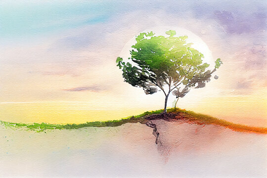panorama small tree growing with sunrise. green world and earth day concept. Generative Ai