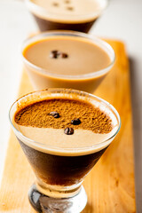 Espresso Martini. The espresso martini is a cold caffeinated alcoholic drink made with espresso, coffee liqueur, and vodka. Classic American Cocktail favorite. 