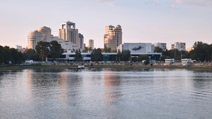 Panorama of Yekaterinburg overlooking the lake in Russia.