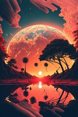 Retro science fiction image of a small tropical island with trees. Generative AI