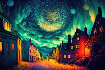 Painting small town, Van Gogh style night landscape,  colorful background, AI