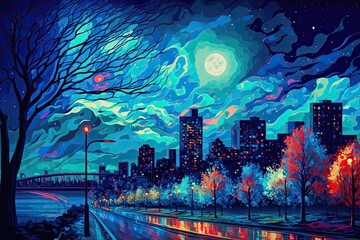 Painting Montreal Van Gogh style night landscape,  colorful background, AI