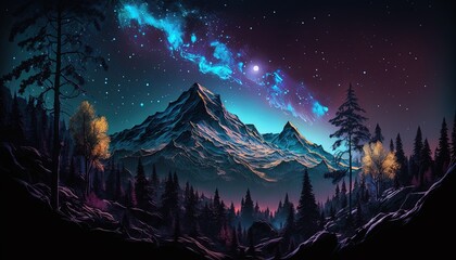 Fototapeta premium Night mountains, stars and bright moon in the sky in the milky way