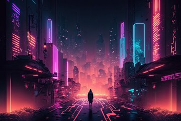 banner of cityscape cyberpunk with neon information streams flowing into city, AI