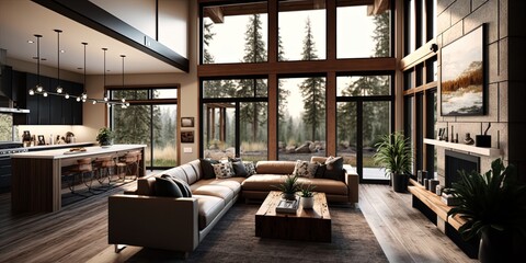 Pacific Northwest Modern luxury home interior - Generative Ai