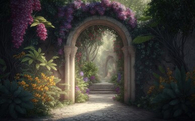Fototapeta na wymiar Magical garden with archway filled with blooming flowers - Generative Ai
