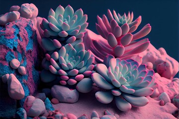 Pink colored succulent plants lying down - Generative Ai