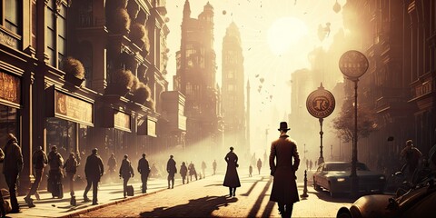 steampunk downtown city lots of people, buildings with sun flare effect, AI