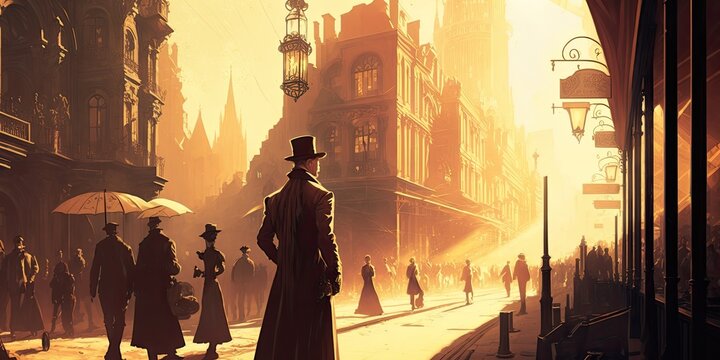 steampunk downtown city lots of people, buildings with sun flare effect, AI