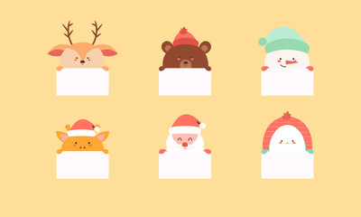 Set of Cute Christmas Character Holding a Copy Space Card Vector