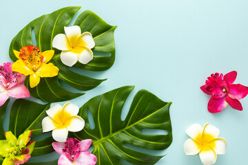 Summer background with tropical orchid flowers and green tropical palm leaves on light background. Flat lay, top view. Summer party backdrop - obrazy, fototapety, plakaty