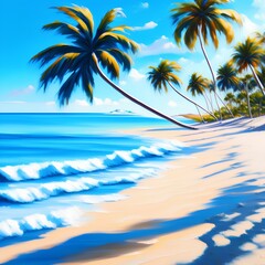 Fototapeta na wymiar oil painting, smooth brush strokes, realism, beach, ocean water, sand, palm trees, shades of blue and white - generative ai