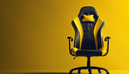 Yellow gaming chair advertisement background, copy space (created with Generative AI)
