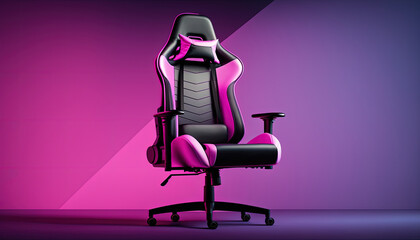 Fototapeta na wymiar Pink gaming chair advertisement background, copy space (created with Generative AI)