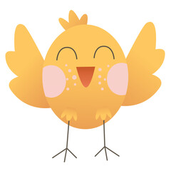 Illustration of cute cartoon style chicken on white background. Vector. Isolated image. Cheerful Easter chicken smiling and waving her wings. Pastel color. Suitable for children, postcards, printing.