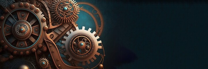 Steampunk gears web banner, background illustration, AI