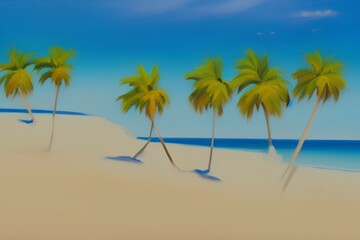 Fototapeta na wymiar oil painting, smooth brush strokes, realism, beach, ocean water, sand, palm trees, shades of blue and white - generative ai