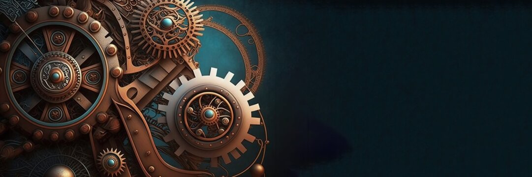 Steampunk gears web banner, background illustration, AI