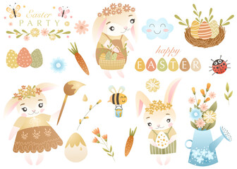 Easter set of illustrations in a cute style and delicate colors. Easter bunnies, colored eggs, quotes, spring bouquet, carrot, honey bee. Suitable for children's, designs, stickers and printing