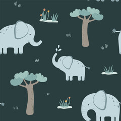 Seamless pattern with cute elephant. Vector illustration in flat style.