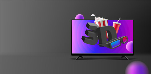Home online cinema 3d. A modern image of a plasma TV with a flying image of popcorn, soda, 3d glasses, and purple layers outside the screen. Banner on a dark background.