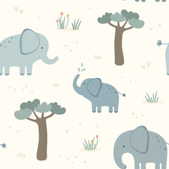 Seamless pattern with cute elephant. Vector illustration in flat style.