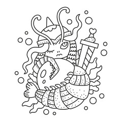 Cute little mermaid. Guarian of the pearl. Funny shrimp creature. Fairy tale sea character. Coloring page for kids. Cartoon vector illustration. Isolated on white. Otlined drawing. Black lines