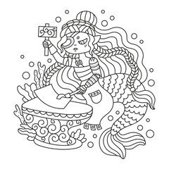 Professional blacksmith. Pretty sea mermaid. Strong woman with hammer. Cute fish girl. Underwater ocean nature. Fantasy character. Coloring page for kids and adults. Cartoon vector illustration