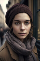 Portrait photo of a young woman with brown hair and light brown eyes. Graceful young woman in French beret cap and scarf in Parisian style. Serious look. Look at camera. In the city. generative AI